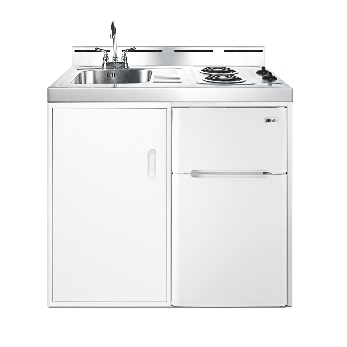 39 inch wide all-in-one kitchenette with 2-burner 115V coil cooktop, refrigerator-freezer, sink, and storage cabinet